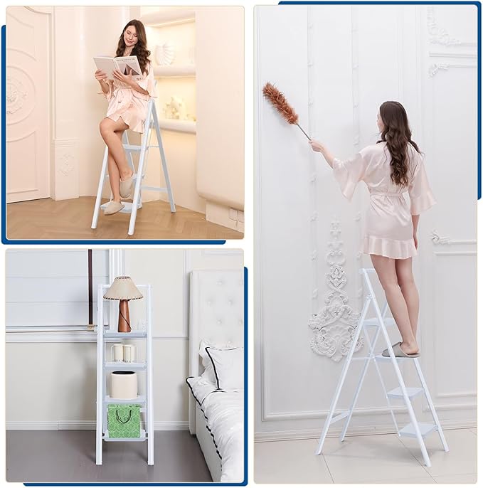 Double Elite Step Ladder 4 Step Folding with Handgrip, Convenient Step Ladder with Tool Bag Safer 330 Lbs Load 4 Step Ladder Folding Step Stool, Small Sturdy Ladder for Adults with Wide Pedals, White