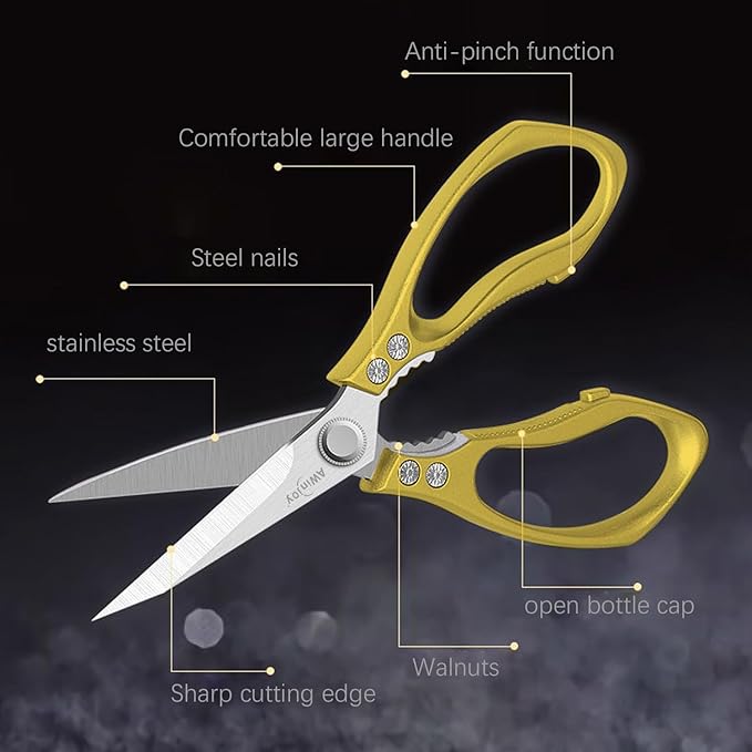 Kitchen Scissors, Heavy Duty Sharp Kitchen Shears, Dishwasher Safe, Multipurpose Cutting Scissors for Kitchen, Meat, Chicken, Fish, Poultry, Herbs, Bread, Kitchen Gadgets, Gift (Gold)