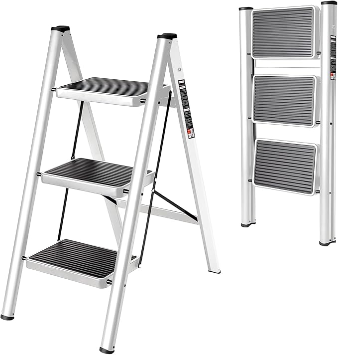 3 Step Ladder with Anti-Slip and Wide Pedal 220 lbs Capacity Folding Step Ladder for Household Kitchen Office(P-White, 3 Step Ladder)