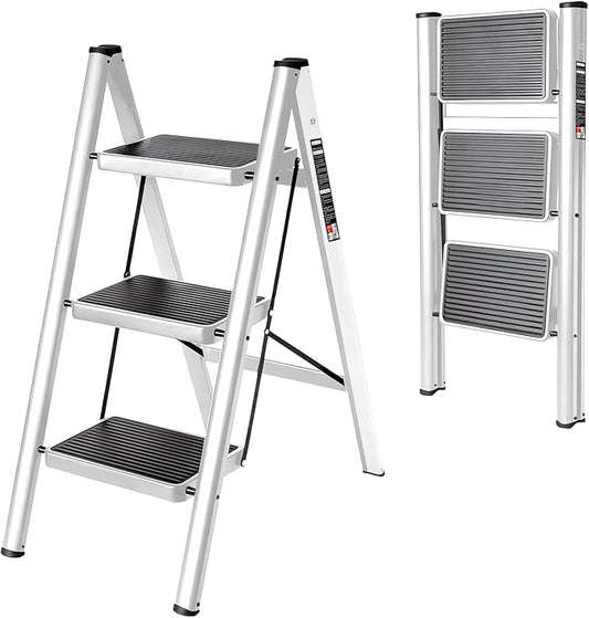 3 Step Ladder with Anti-Slip and Wide Pedal 220 lbs Capacity Folding Step Ladder for Household Kitchen Office(P-White, 3 Step Ladder)