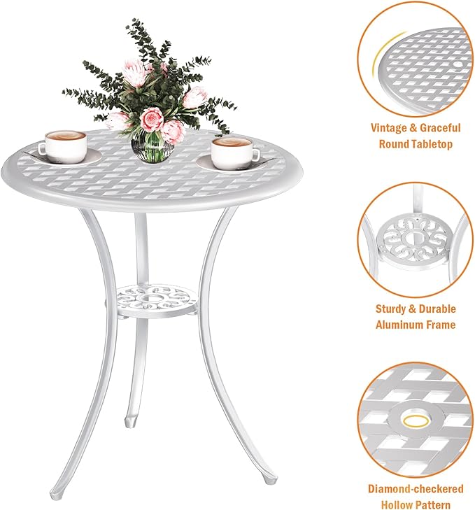 3 Piece Patio Bistro Set, Outdoor Bistro Table and Chairs Set of 2 w/Umbrella Hole, Rust-Resistant Cast Aluminum Bistro Set for Garden/Balcony/Backyard, White