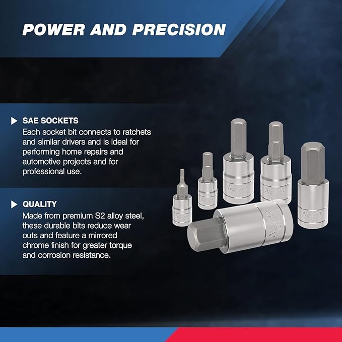 Neiko 10075A SAE Hex Bit Socket Set | 13-Piece Set | S2 Steel