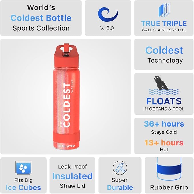 Coldest Sports Water Bottle with Straw Lid Vacuum Insulated Stainless Steel Metal Thermos Bottles Leak Proof Flask for Sports (24 oz, Mars Red Glitter)