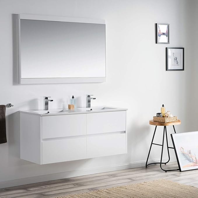 Blossom Bathroom Vanity with Double Ceramic Sinks and Mirror | All Wood Floating Vanity Cabinet | 2x2 Soft-Closing U-Shaped Cutout Drawers | 48" w/ 2 Ceramic Sinks and Mirror, Glossy White