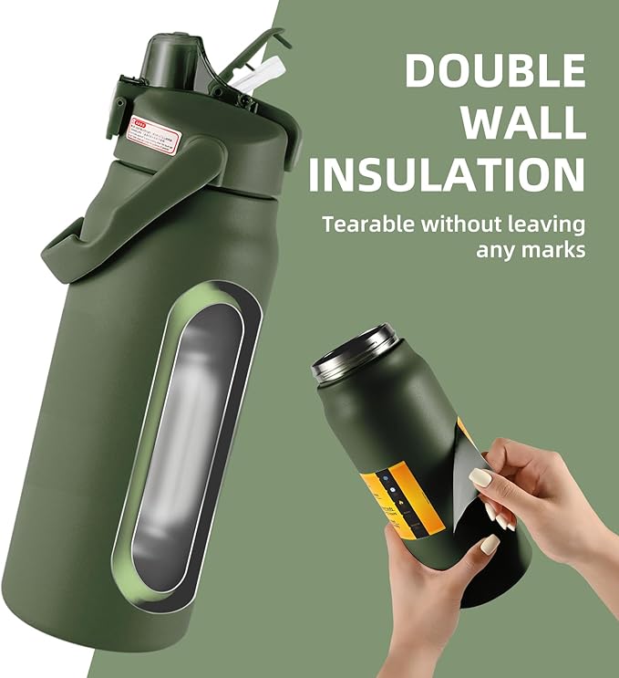 50oz/1.5L Insulated Sports Water Bottle, Stainless Steel Double Wall Water Jug with Handle, 2-in-1 Chug Spout and Straw Lid with Lock Cover for School, Outdoor, Sports & Travel, Army Green