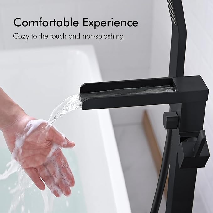 BAGNOLUX Solid Brass Floor Mount Bathtub Faucet Free Standing Tub Faucet Freestanding Tub Filler Black with Hand Shower High Flow Rate Swivel Spout Set, YGSLT-Waterfall Black