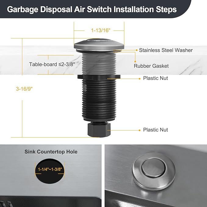 Garbage Disposal Air Switch Kit, Sink Button Food Waste Disposals Part On/Off Air Button Stainless Steel Polished (Chrome, LONG/3.6")