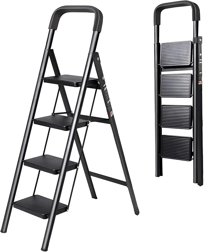 4 Step Ladder with Anti-Slip and Wide Pedal 220 lbs Capacity Folding Step Ladder for Household Kitchen Office(F-Black, 4-Step with Handrail)