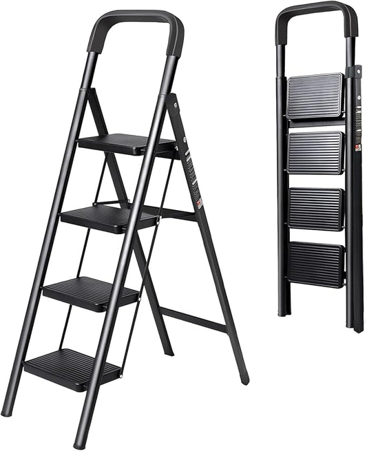 4 Step Ladder with Anti-Slip and Wide Pedal 220 lbs Capacity Folding Step Ladder for Household Kitchen Office(F-Black, 4-Step with Handrail)