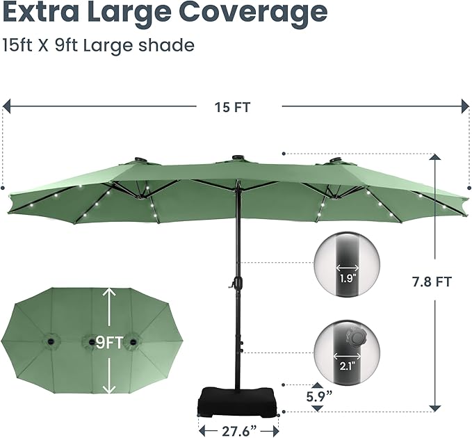 PHI VILLA 15ft Large Patio Umbrella with Solar Lights, Double-Sided Outdoor Market Rectangle Umbrellas with 36 LED Lights, Umbrella Base (Stand) Included, Mint Green
