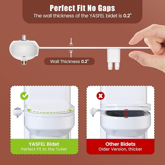 YASFEL Bidet, Self-Cleaning Bidet Attachment for Toilet - Non Electric Dual Nozzles Cold Water Bidet Toilet Seat Attachment with Adjustable Pressure Control, for Frontal & Rear Wash (Wood Color)