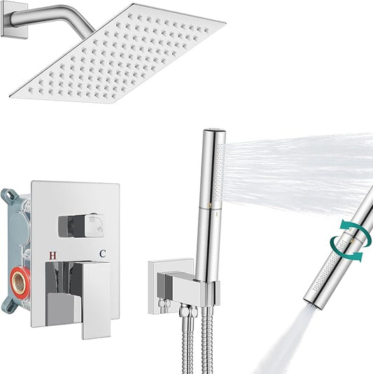 Aolemi Shower System with Rainfall Shower Head and Handheld Wall Mount,High Pressure Shower Faucet Set Fixture Combo with 2 in 1 Handheld Spray Rough-in Valve,8 Inch Shower Head Polish Chrome