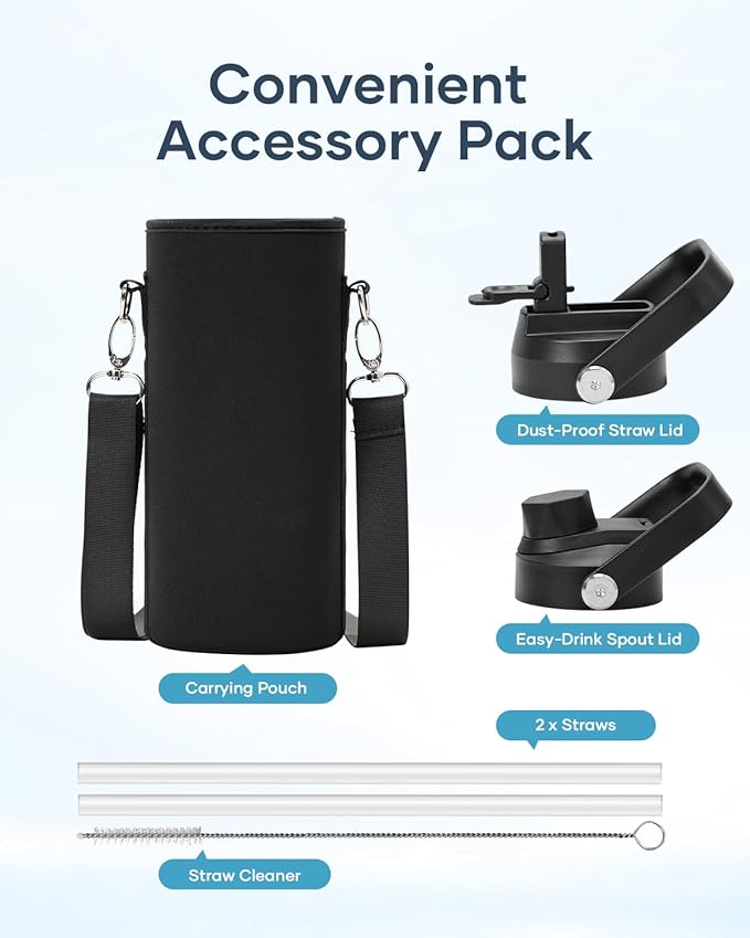 BUZIO 40 oz Insulated Water Bottle, Keep Cold 48h Stainless Steel Water jug with Straw Lid and Carrying Pouch, Lead-Free Leak Proof Double Wall Vacuum Metal Canteen for Sports Gym Beach, Indigo Crush