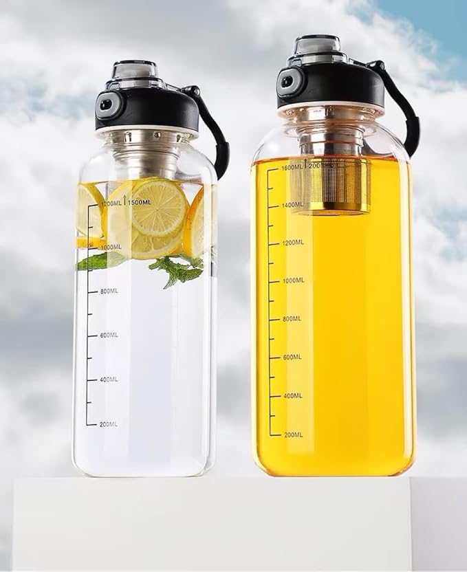 Glass Tea Tumbler with Infuser - 1500ML Large Glass Water Bottle with Sleeve,Glass Tea Infuser Bottle with Lock Lid and Direct Drink Spout,Reusable Sports Water Bottle for Gym Home Outdoor, Leakproof
