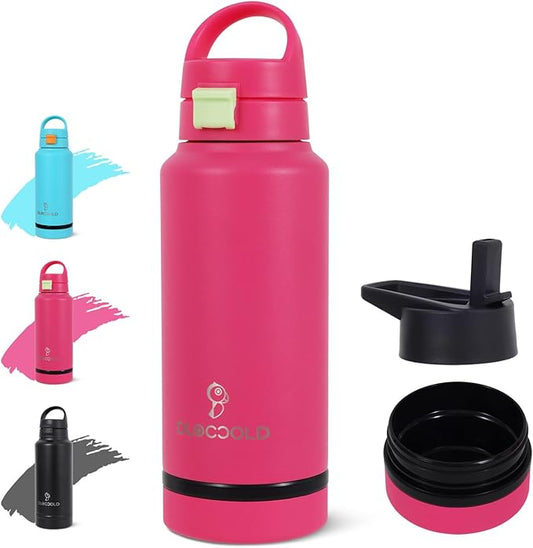 DLOCCOLD 32 oz sports water bottle Insulated Stainless Steel Water Bottle with straw & pills holder, Reusable Double Walled Water Bottle for Sports, Gym, Travel, Men, Women & Kids W/ 2 Leak Proof Lids