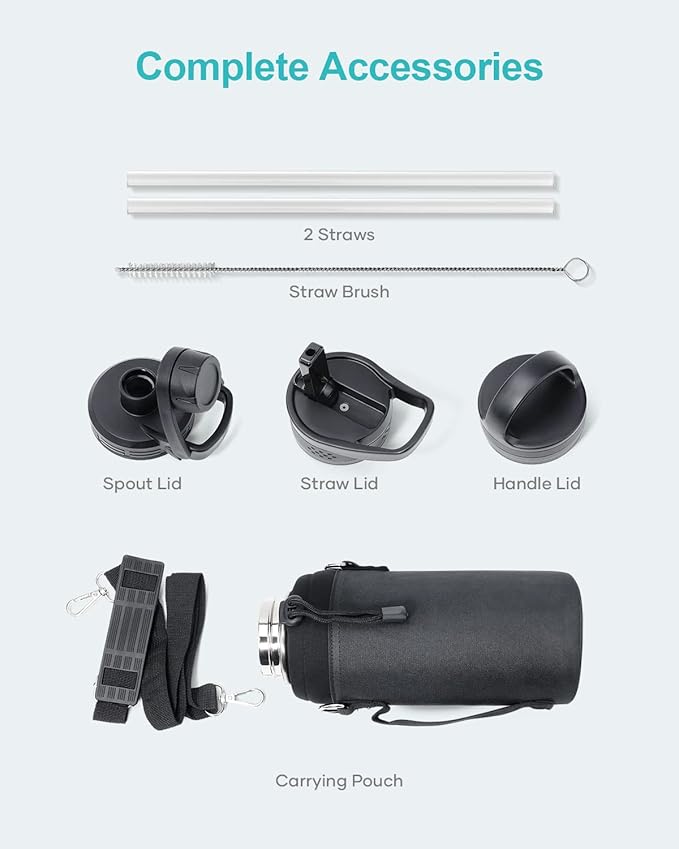 BUZIO Water Bottle with Straw lid, Spout Lid, Hand Lid and Carrying Pouch, 32oz 40oz 64oz Stainless Steel Water Flask Jug, Cold for 48 Hrs Hot for 24 Hrs Double Vacuum Thermo Canteen Mug, BPA-Free