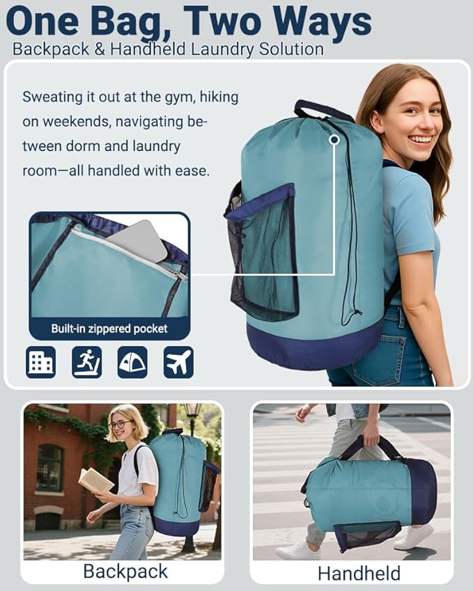 Laundry Bag with Shoulder Straps and Mesh Pocket Laundry Backpack Large Portable Laundry Hamper for College Laundromat Apartment