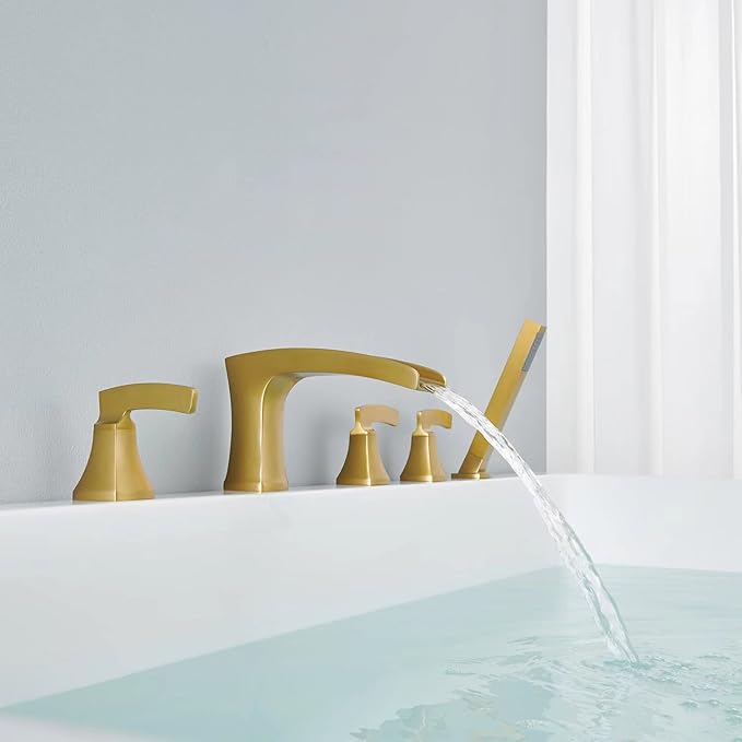 Roman Tub Faucet Waterfall Tub Filler Brushed Gold Deck Mount Bathtub Faucets 5 Hole Brass Bathroom Faucets with Hand Shower