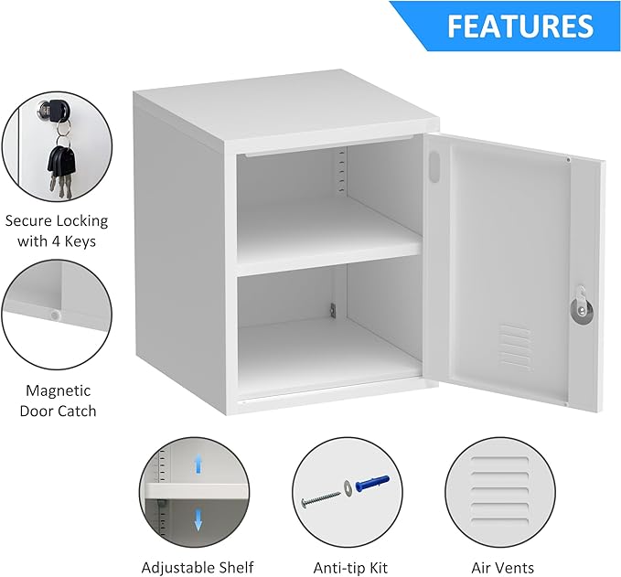 Metal Storage Locker Cabinet with Locking Door and Adjustable Shelf for Home Office Classroom Workshop Organization (White)