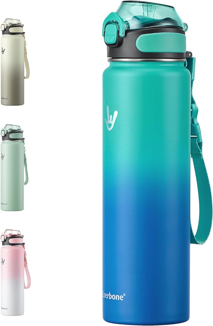 Enerbone Insulated Water Bottle, 32 oz Stainless Steel Water Bottles with Carrying Strap, Double-Wall Vacuum Insulation Thermos, Leakproof Sports Bottle with Straw, Keep Drinks Hot or Cold for Hours