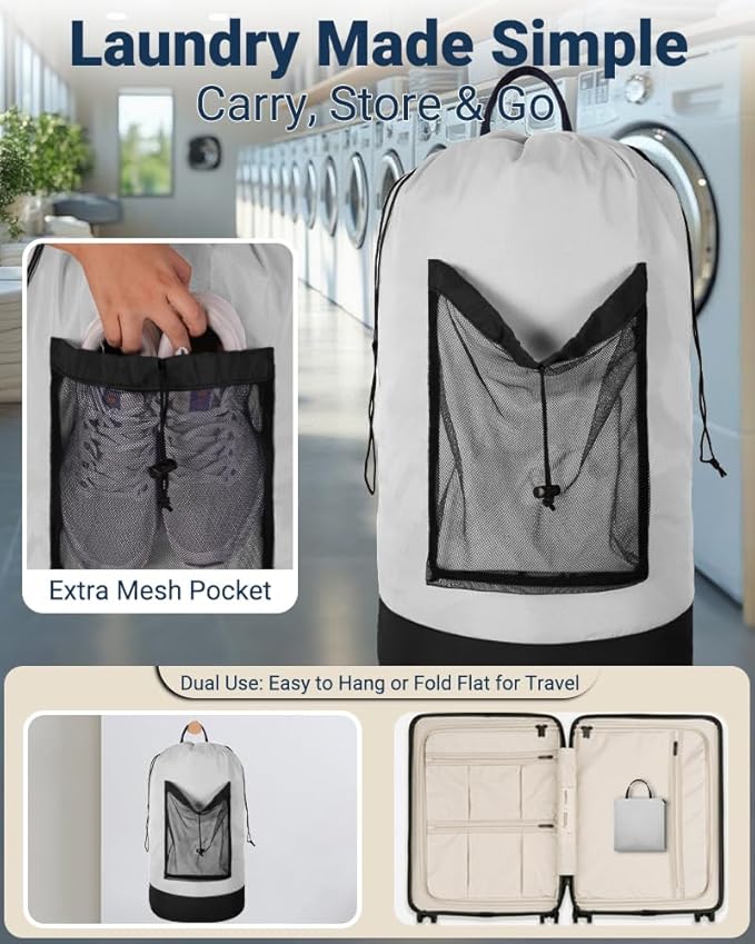 Laundry Bag with Shoulder Straps and Mesh Pocket Laundry Backpack Large Portable Laundry Hamper for College Laundromat Apartment