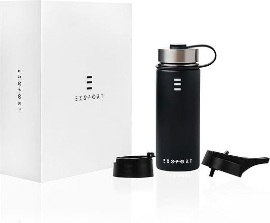 Stainless Steel Water Bottle - 18 Oz Water Bottle with Straw Lid, Coffee Lid, and Wide Mouth Lid - Double Insulated Water Bottle - Metal Water Bottle - Hot and Cold Insulated Thermos - (Black)