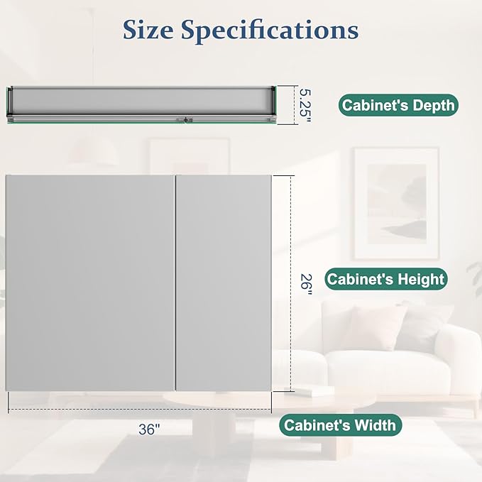 Bathroom Medicine Cabinet with Mirror, 36 Inch x 26 Inch Bathroom Mirror Cabinet with Double Door & Adjustable Shelves, Surface Mount or Recess Installation