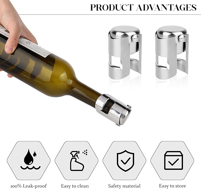 Molain 2Pack Champagne Stoppers, Stainless Steel Sparkling Wine Bottle Stopper with Pure Silicone Air Tight Seal Professional Wine Saver for Champagne, Prosecco and Cava