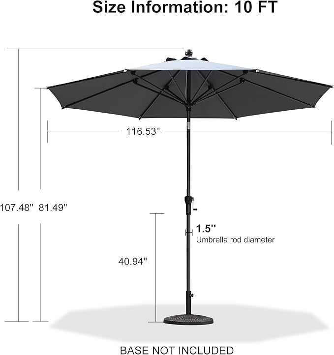 PURPLE LEAF 10' Round Patio Umbrella Outdoor Table Umbrella Aluminum Frame Market Umbrella Sun Umbrella with 8 Sturdy Ribs & Tilt for Garden Deck Lawn & Pool Light Gray