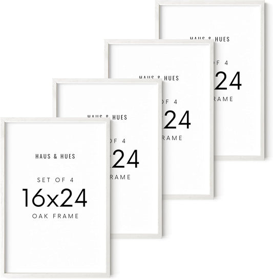 HAUS AND HUES Picture Frames 16x24 - Set of 4 16x24 Picture Frames for Wall, Poster Frames 16x24, 16 x 24 Gallery Wall Frame Set, 16 by 24 Picture Frame Natural Wood Frame (White Frame)