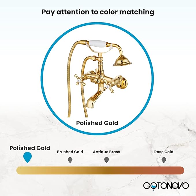 gotonovo Clawfoot Bathtub Faucet Tub Filler with Hand Held Shower Faucet Set Victorian Double Cross Handle 6 Inch Center Adjustable Swing Arms Tub Mount Short Adapter Polished Gold