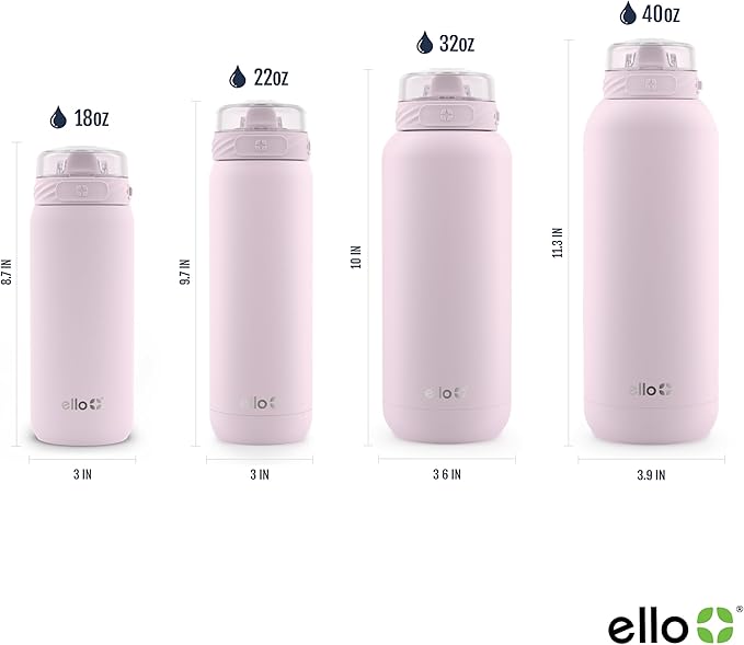 Ello Cooper Vacuum Insulated Stainless Steel Water Bottle with Soft Straw and Carry Loop, Double Walled, Leak Proof, Cashmere Pink, 32oz