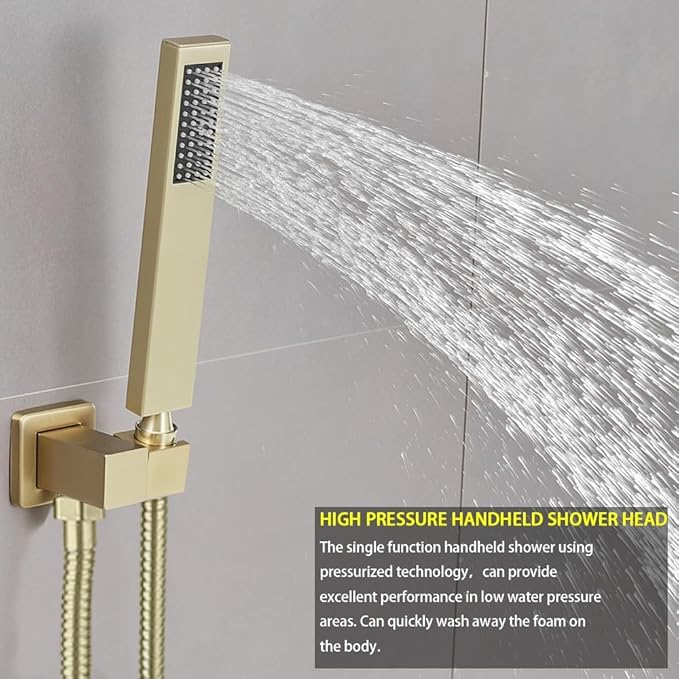 ‎Brushed Gold Shower System Bathroom 12 Inch Rain Shower Head Ceiling Mount with Handheld Luxury High Pressure Shower Combo Set Shower Faucet Rough-in Valve Body and Trim Included