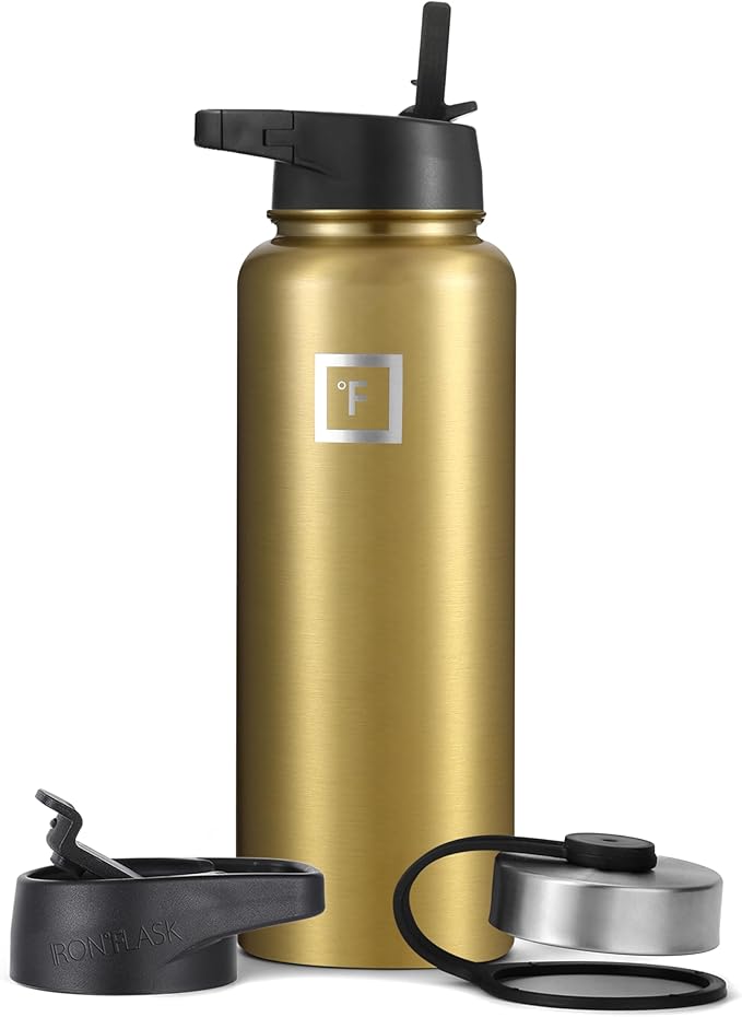 IRON °FLASK Sports Water Bottle - Wide Mouth, 3 Lids (Straw Lid) - Stainless Steel Gym & Outdoor Bottles for Men, Women & Kids - Double Walled, Insulated Thermos, Metal Canteen - Gold, 40 Oz