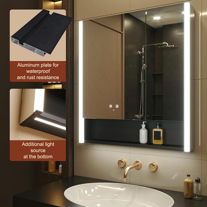 KWW LED Lighted Bathroom Medicine Cabinet with Sockets & USBs, Defogger, Dimmable, 3 Color Light Makeup Mirror, Easy to Install, Wall Mounted Cabinet (31 * 34)