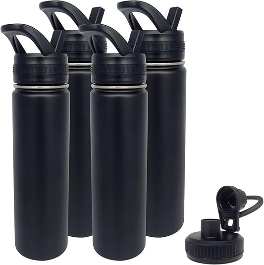 4pack 22 oz Insulated Water Bottle With Straw, Stainless Steel Sports Water Cup Flask with 2 Lids, Wide Mouth Travel Thermal Mug,Black