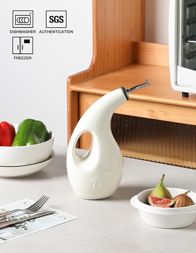 Sweejar Ceramic Olive Oil Dispenser Bottle,24 Oz Opaque Cruet Protects EVOO Oil to Reduce Oxidation, Suitable for Storage Vinegar, Coffee Syrups, Liquids (Beige)