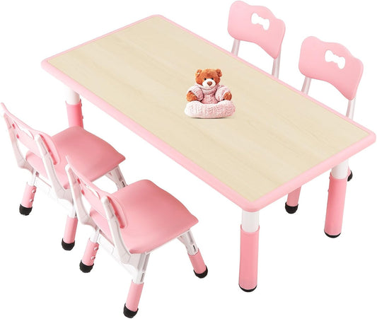 FUNLIO Kids Table and 4 Chairs Set for Ages 3-8, Height Adjustable Toddler Table and Chair Set, Easy to Wipe Arts & Crafts Table, for Classrooms/Daycares/Homes, CPC & CE Approved (5 pcs Set) - Pink