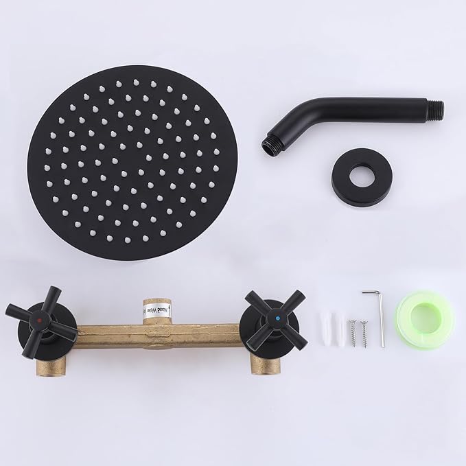 2 Handles Shower Faucet Set,Two Handle Shower with 8'' Rainfall Shower Head Combo Set,Single Function Shower Trim Kit with Rough-in Valve,Wall Mount,Matte Black