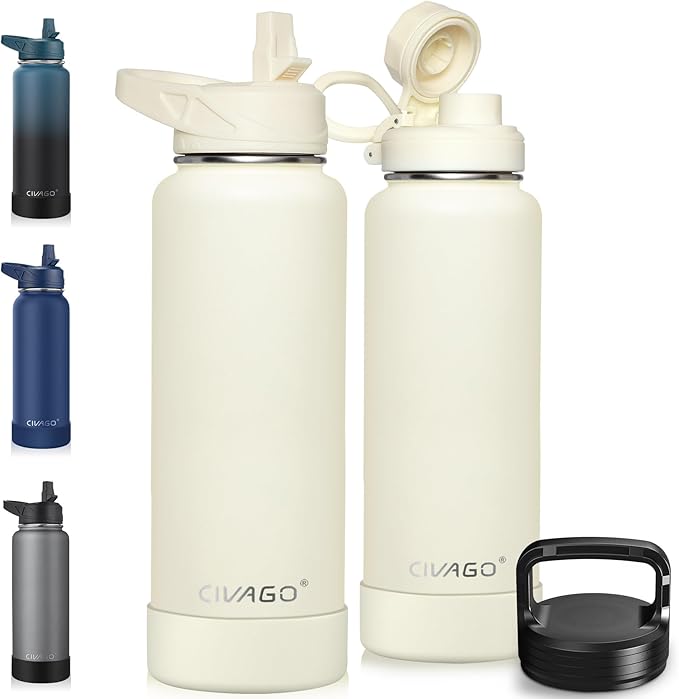 CIVAGO 40 oz Insulated Water Bottle With Straw, Stainless Steel Sports Water Flask Cup with 3 Lids (Straw, Portable Spout and Handle Lid), Double Walled Travel Thermal Canteen Mug, Cream
