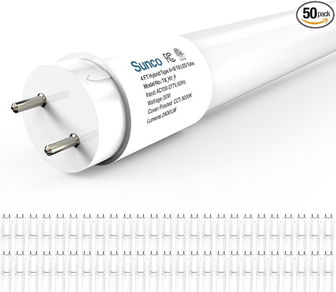Sunco 50 Pack T8 LED Bulbs 4 Foot, 48 Inch Tube Light Bulbs Fluorescent Replacement, Single or Double Ended Hybrid Type A+B, 2400 LM, 20W, 5000K Daylight, Frosted Lens ETL.