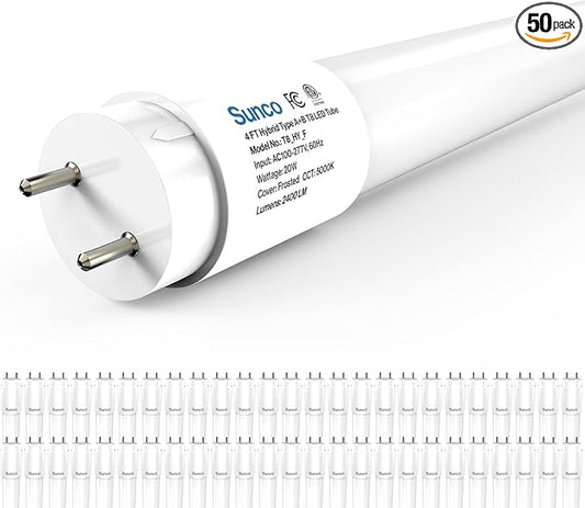 Sunco 50 Pack T8 LED Bulbs 4 Foot, 48 Inch Tube Light Bulbs Fluorescent Replacement, Single or Double Ended Hybrid Type A+B, 2400 LM, 20W, 5000K Daylight, Frosted Lens ETL.