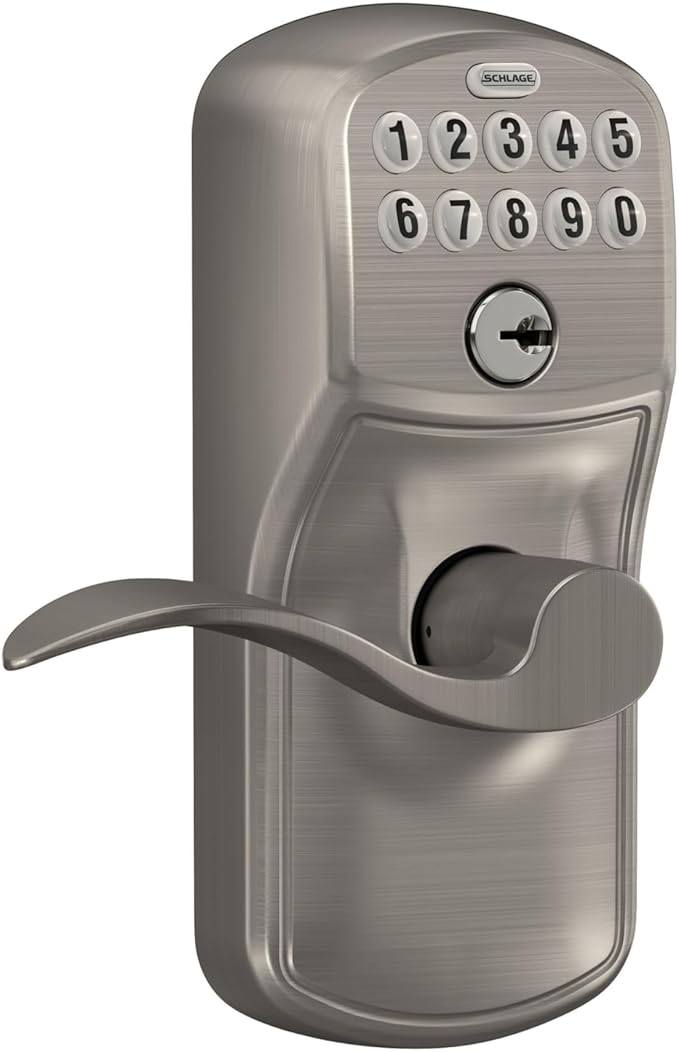 SCHLAGE FE595 PLY 619 Acc Plymouth Keypad Entry with Flex-Lock and Accent Style Levers, Satin Nickel