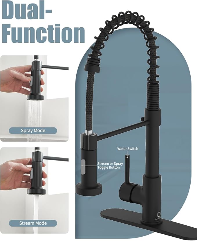 Kitchen Faucet Set, Black Kitchen Sink Faucets with Pull Down Sprayer and Soap Dispenser, Single Handle Stainless Steel Faucets for Kitchen Sinks, Farmhouse Kitchen Faucets with Deck Plate