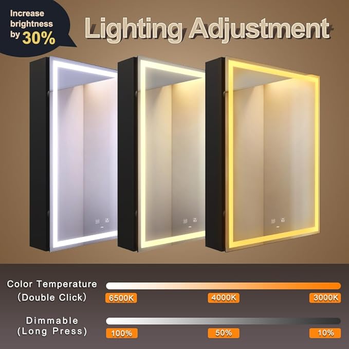 KWW LED Lighted Bathroom Medicine Cabinet with Sockets & USBs, Defogger, Dimmable, 3 Color Light Makeup Mirror, Easy to Install, Wall Mounted Cabinet (19.5 * 28)