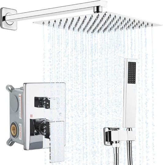 Chrome Shower System YCAIKOI Wall Mount Shower Faucet Set for Bathroom 10 Inch High Pressure Luxury Shower Head with Handheld, Rough-in Valve Body and Trim Included