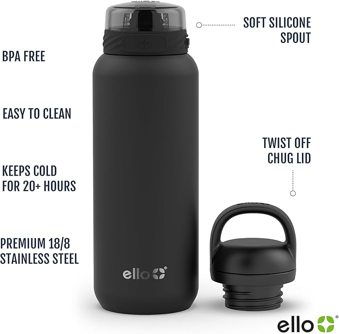 Ello Cooper 32oz Stainless Steel Water Bottle with 2 Lids Chug and Straw | Leak Proof | Double Walled and Vacuum Insulated | Built in Carry Loop | Dishwasher Safe | Antigua