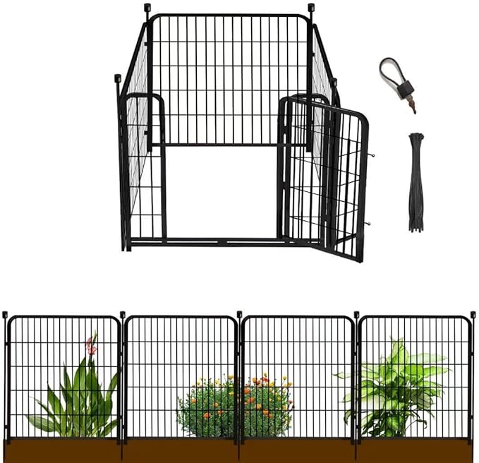 Garden Fence with Gate 32 in(H)×27 in(L) 4 Panels,Fence Blocker for Dogs, Heavy Duty Iron Animal Barrier Fence,Suitable for Indoor Pet Or Outdoor Dog Fencing, Total 8.9 Ft(L), Black