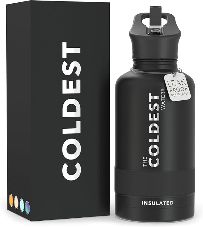 Coldest Sports Water Bottle with Straw Lid Vacuum Insulated Stainless Steel Metal Thermos Bottles Reusable Leak Proof Flask for Sports Gym (Stealth Black, 64 oz)