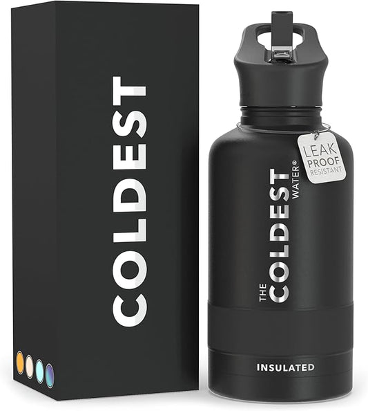 Coldest Sports Water Bottle with Straw Lid Vacuum Insulated Stainless Steel Metal Thermos Bottles Reusable Leak Proof Flask for Sports Gym (Stealth Black, 64 oz)